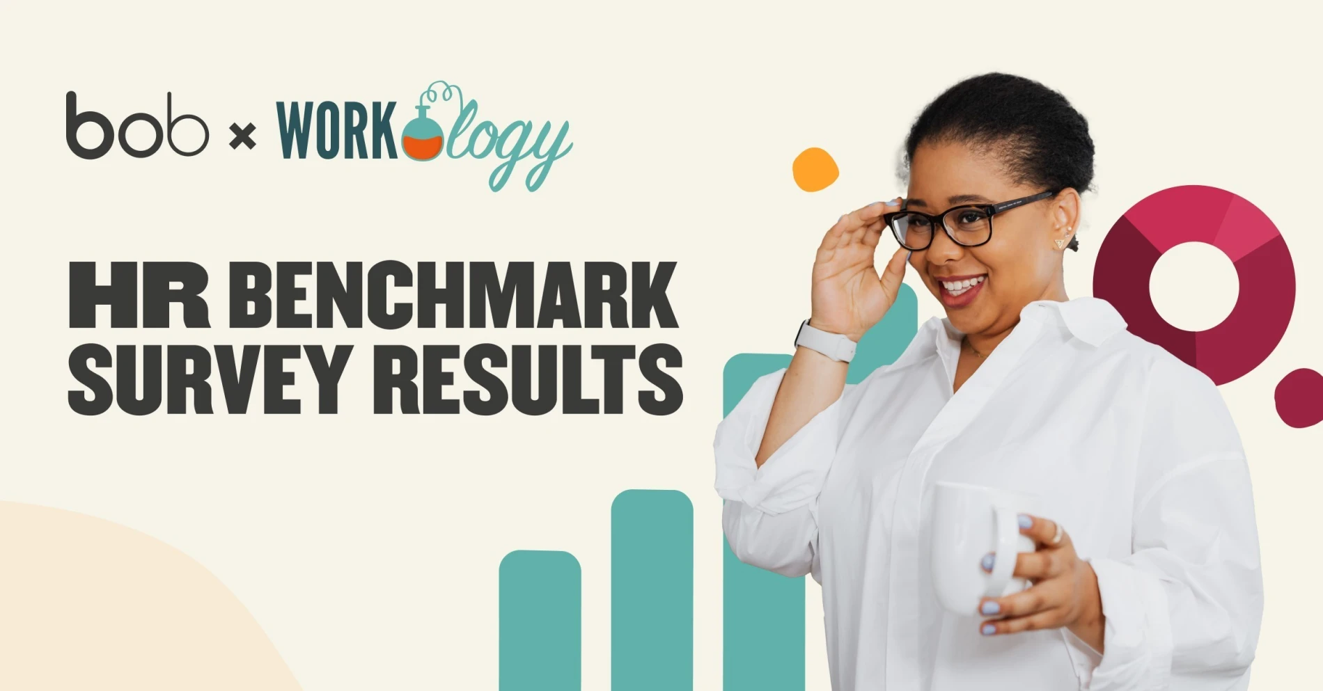 HR benchmark survey results illustration featuring a woman in a white shirt, glasses, smiling, holding a mug. bob x Workology.