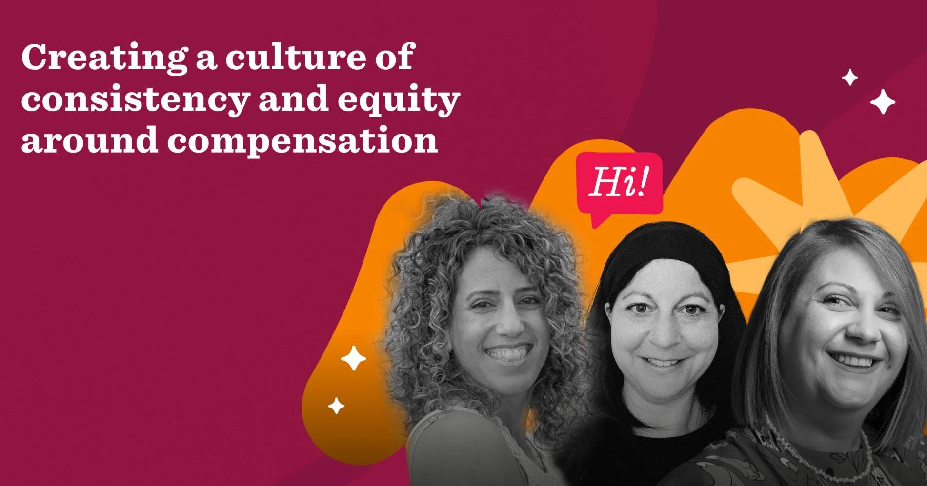 Creating a culture of equity with smiling women, vibrant colors, and engaging graphics showcasing compensation focus, Empowerment, Compensation