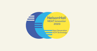 NelsonHall NEAT Innovator 2023 logo with blue, yellow circles, highlighting next-gen HCM technology. NelsonHall, NEAT Innovator