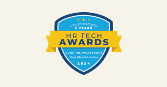 HR Tech Awards logo with blue shield design, celebrating 5 years, highlighting Best Global Solution for Core HR/Workforce 2024, blue shield logo, HR Tech Awards 2024