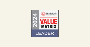 Nucleus Research 2024 Value Matrix Leader award badge featuring bold text and company logo., 2024 Value Matrix Leader award badge Nucleus Research