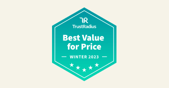 TrustRadius badge award for Best Value for Price, Winter 2023; turquoise hexagon design with stars. TrustRadius logo.