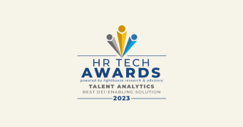 HR Tech Awards 2023 logo showcasing talent analytics and DEI-enabling solution, HR Tech Awards 2023 logo and talent analytics