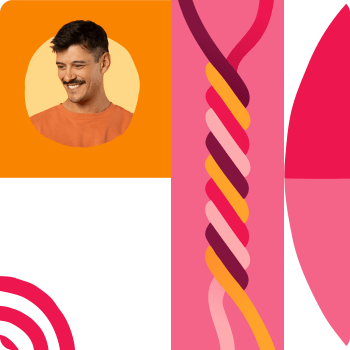 smiling man in orange shirt set against colorful geometric shapes and vibrant patterns, playful design with bold colors and textures