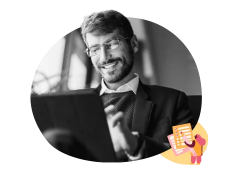 man using tablet in suit, business professional smiling and working on digital device