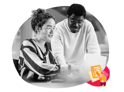 Two coworkers collaborate at a laptop while reviewing HR planning materials, with a checklist illustration in the corner representing responsible AI implementation.