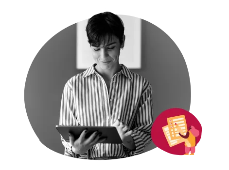 woman using tablet, black and white portrait with abstract background