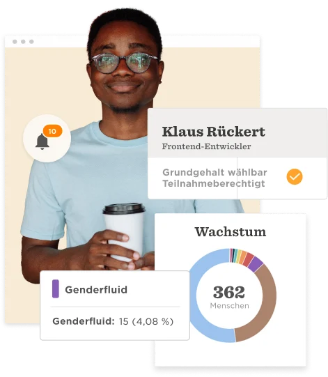 Klaus Rückert, Frontend-Entwickler, zeigt eine Tasse Kaffee. Geschlechtsvielfalt und Wachstumsdaten werden graphisch dargestellt., Frontend-Entwickler, Genderfluid