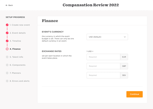 Compensation Review 2022 interface showing finance setup with currency options and exchange rates. Continue button highlighted., Finance setup for compensation review with currency and exchange rates selections.