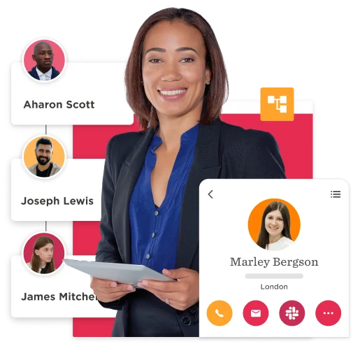 business woman with tablet, team members profiles and contact info displayed