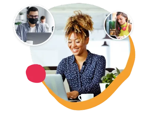 woman smiling at laptop, remote work and collaboration, diverse professionals in modern workspace