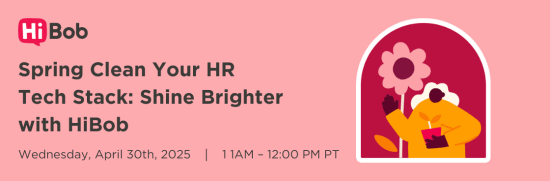 HiBob event announcement with vibrant graphics promoting HR tech stack optimization on April 30, 2025. Colorful floral design. HiBob, HRtech