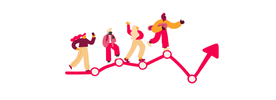 people walking along a growth line with upward arrow, representing progress and teamwork, illustration of diverse individuals celebrating success