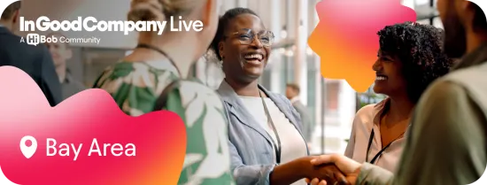 Happy professionals engaging in conversation at InGoodCompany Live event, Bay Area, with vibrant branding elements. InGoodCompany, BayArea