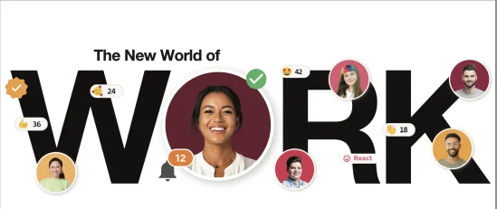 The New World of Work graphic features diverse individuals and engagement stats in a colorful design. work, diversity