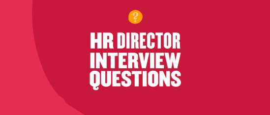 HR director interview questions on a red background with a question mark icon. Bold white lettering highlights the text. HRinterview, questionsbackground