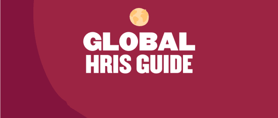 Global HRIS guide with a globe icon on a burgundy background, emphasizing international human resource information systems. Global HRIS Guide, International Human Resource Systems
