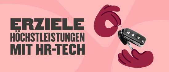 Erziele Höchstleistungen mit HR-Tech; Schlüssel im Fokus, kreativ illustrierte Hände in einem modernen, pinken Hintergrund. HR-Tech, Schlüssel