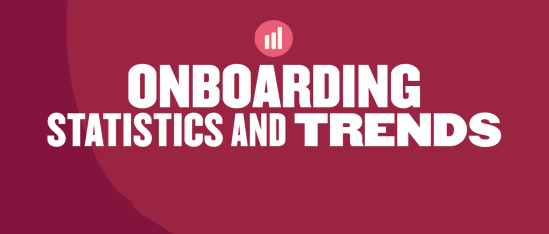 onboarding statistics trends graphic with bold text and upward trend icon on a deep red background, onboarding trends statistics visual design