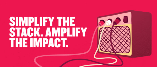 amplifier with colorful cables on a vibrant pink background, bold text promoting simplification for greater impact, vibrant graphic design, audio equipment focus, catchy slogan