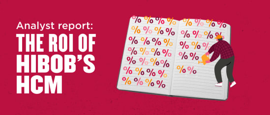 analyst report on Hibob's HCM ROI with illustrated percentage symbols on a notebook, illustrative character examining data analysis