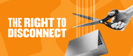 right to disconnect, hand cutting laptop cord with scissors on orange background
