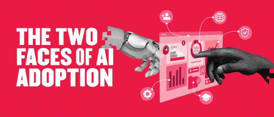 AI adoption visual, featuring a robotic arm and human hand interacting with a digital interface, robotic hand and human hand engaging with data dashboard