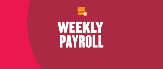 weekly payroll graphic with calendar and dollar sign on a red background, financial management and budgeting concept
