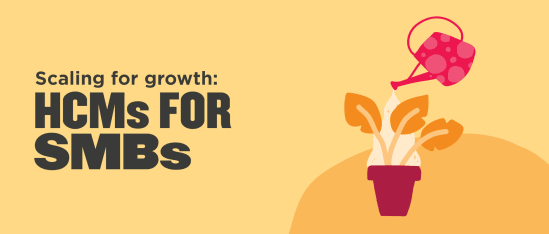 scaling for growth HCMs for SMBs, watering can nourishing green plant in a pot on a yellow background, HCMs for SMBs growth illustration