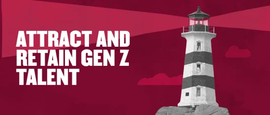 lighthouse graphic with text 'Attract and Retain Gen Z Talent' on a deep red background, bold text emphasizing strategies for engaging Gen Z workforce