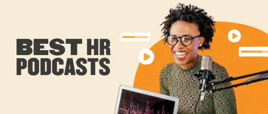 best-hr-podcasts, smiling-woman-podcaster-with-microphone-and-computer