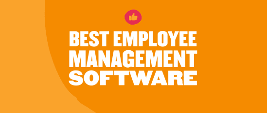 best employee management software, orange background with bold text and thumbs-up icon