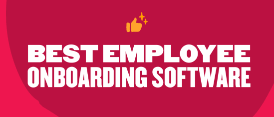 best employee onboarding software, visual graphic with bold text and thumbs up icon on red background