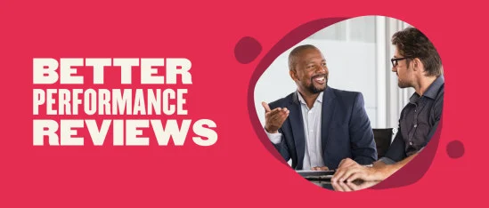 better performance reviews, two professionals discussing in office setting with vibrant red background