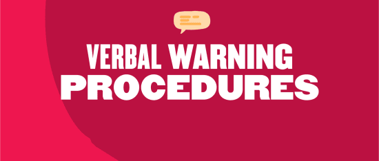 VERBAL WARNING PROCEDURES graphic with bold white text on a red background and speech bubble icon, Informative warning procedures overview for clear communication.