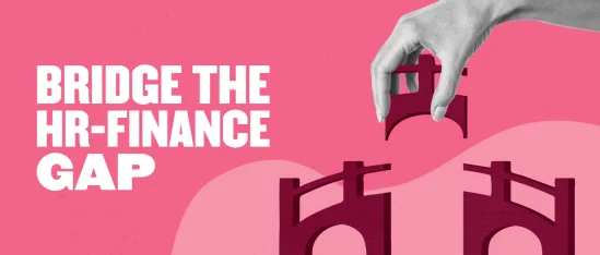 bridge HR and finance with puzzle pieces in hand against a pink background, graphic illustrating HR-finance connection efforts