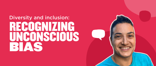 diversity and inclusion unconscious bias learning, smiling individual with teal shirt on vibrant pink background
