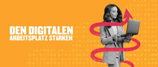 digital workplace empowerment, woman with laptop and red arrow on orange background