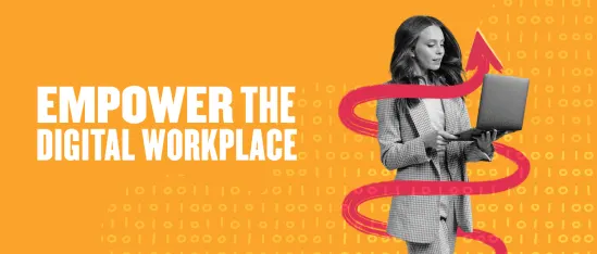empower-digital-workplace, woman-holding-laptop-orange-background