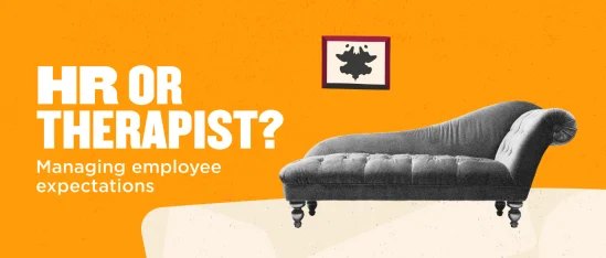 HR or Therapist? A stylized couch against an orange backdrop, highlighting employee expectation management. , HR, Therapist