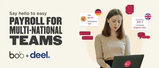 payroll software for multinational teams, featuring user interface elements and a woman with a laptop, multi-national payroll solution, Berlin site details