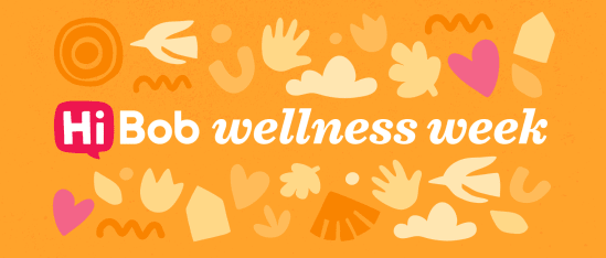 HiBob wellness week orange background with colorful shapes and hand-drawn elements. Promote self-care and wellness initiatives., HiBob wellness week colorful abstract design for wellness promotion.
