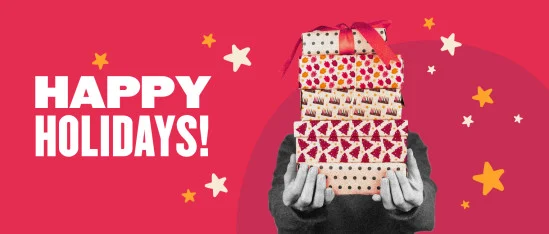 happy holidays message, stack of colorful gift boxes on a bright pink background with stars and festive designs