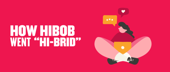 how hibob went hi-brid illustration with a woman sitting cross-legged, colorful speech bubbles, and a vibrant red background, illustration of hybrid work concept with vibrant colors and dynamic design