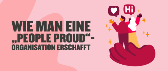 WIE MAN EINE PEOPLE PROUD ORGANISATION ERSCHAFFT - Illustration of diverse people engaging with speech bubbles and hand focus, Diverse illustration highlighting community engagement and pride.
