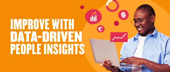 data-driven insights, happy man using laptop with graphs and dollar signs on orange background