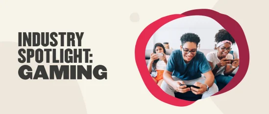 industry spotlight gaming, young adults engaged in mobile gaming, vibrant colors, modern setting with casual attire