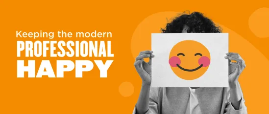 modern professional holding a smiling emoji sign against a vibrant orange background, illustration of happiness in the workplace