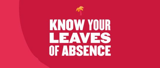 know your leaves of absence, bold text on red background with palm icon