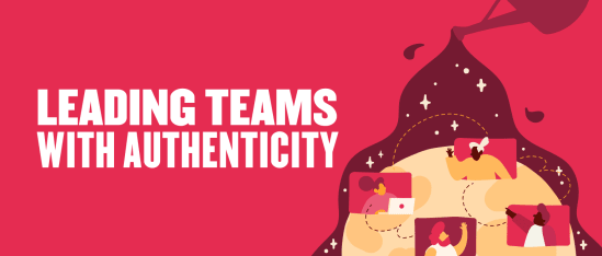 leading teams with authenticity illustration, diverse people engaging in digital communication, colorful background, vibrant design elements
